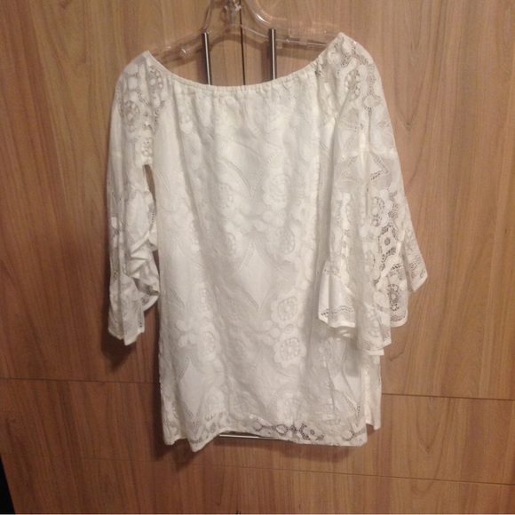 New Ivory Off Shoulder Bell Sleeve Dress - Picture 6 of 7